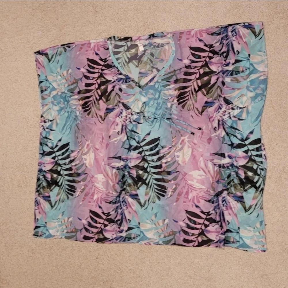 Apana Women's Tropical Leaf Print Sheer Swimsuit Cover Up, Size L, Multicolor